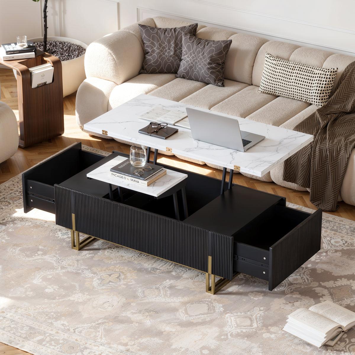 Grovyn 47.2" Fluted Lift-Top Coffee Table with 2 Drawers
