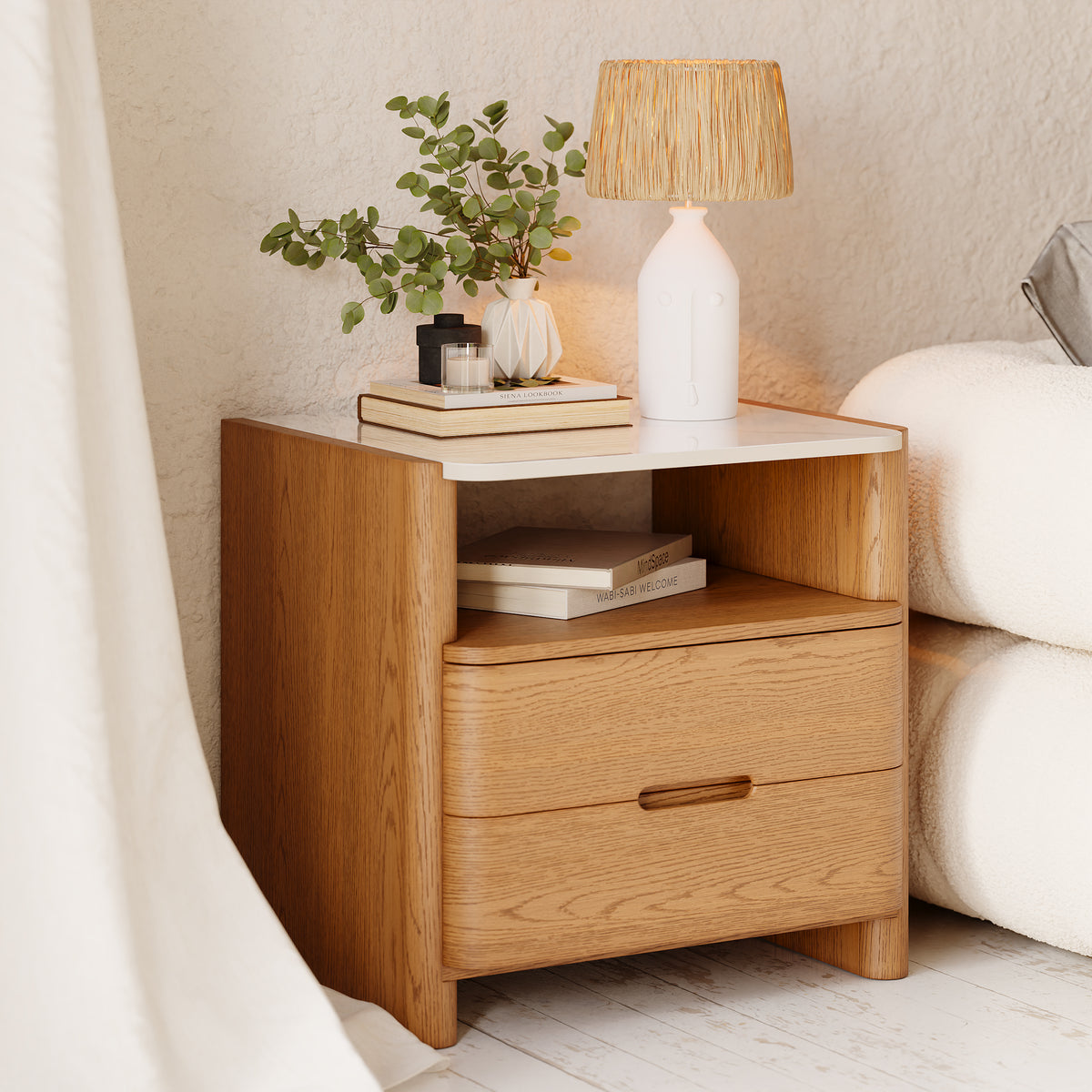 Modern Sintered Stone Top Nightstand with Drawers & Open Shelf