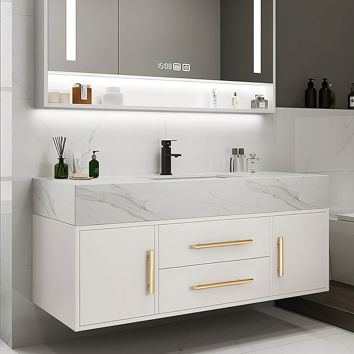 39.4" Floating Bathroom Vanity Wall Mounted Cultured Marble White Bathroom Cabinet with Single Sink for Bathroom
