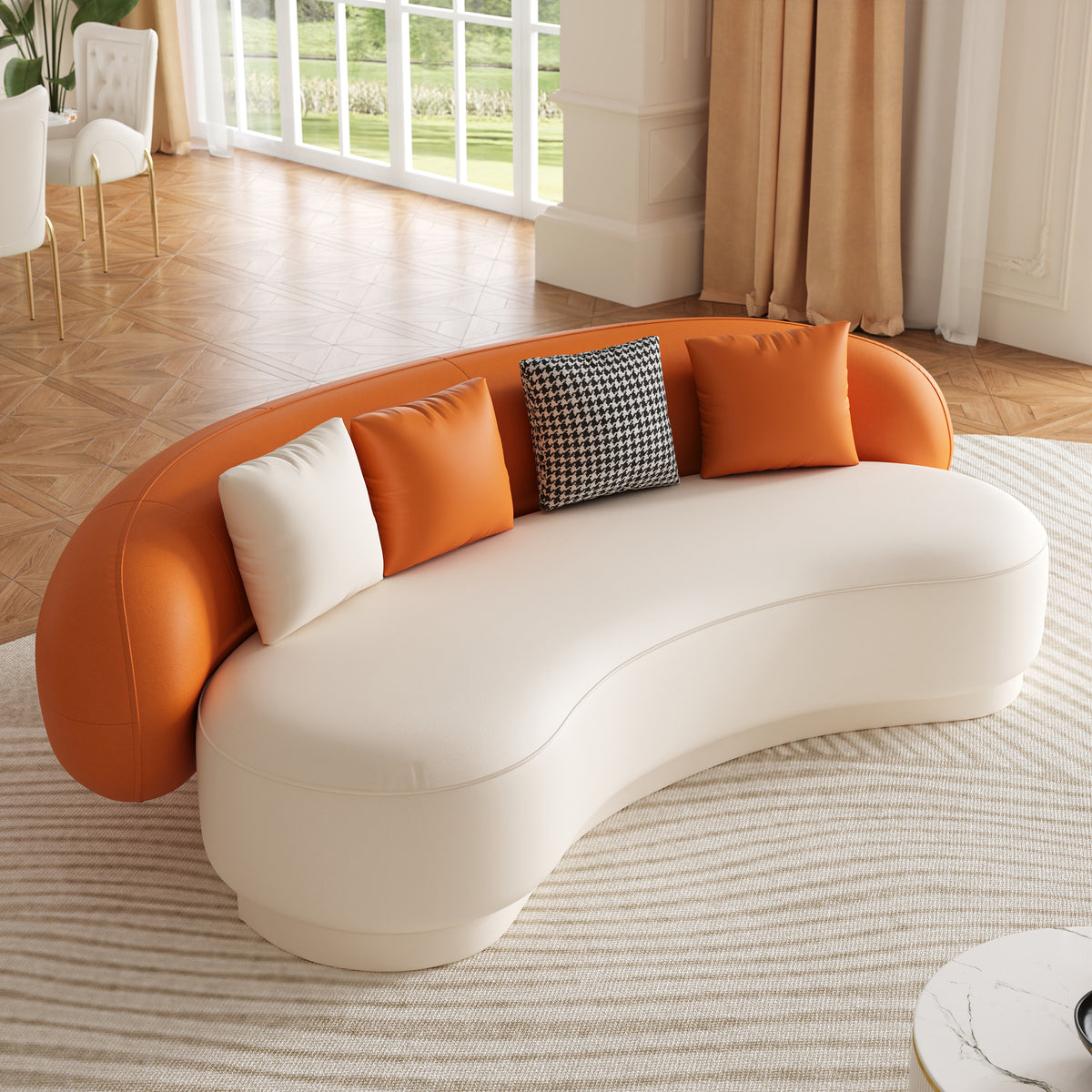Modern Leather Upholstered Sofa 3-Seater Sofa 82.7" Orange&White Sofa