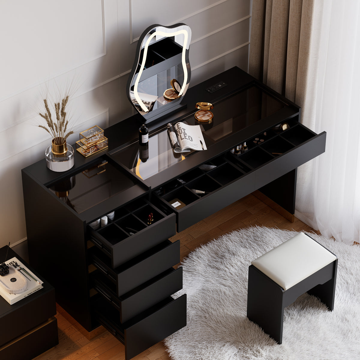 Modern Black Makeup Vanity Set with Lighted Vanity Mirror & Charging Station & Jewelry Storage Dressing Table