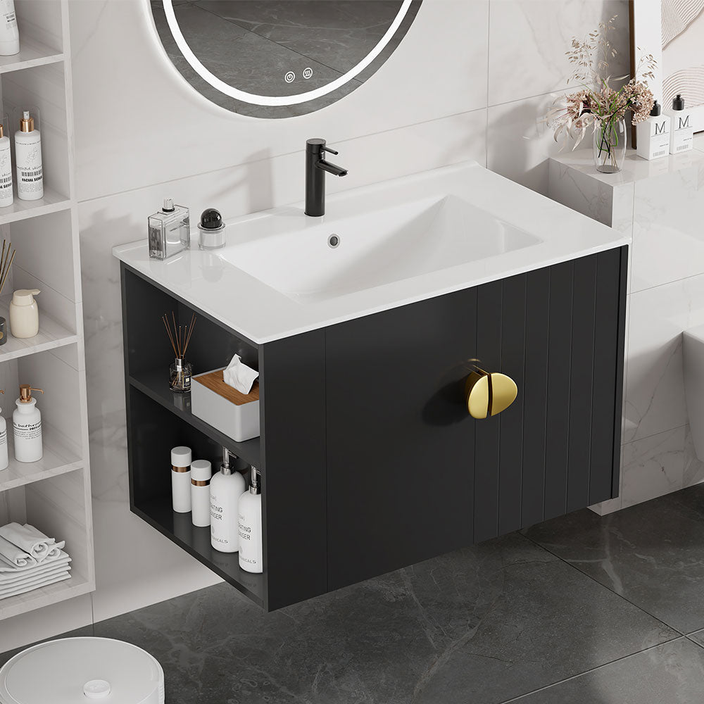 Sigsoul 30 Inch Floating Bathroom Vanity | 3-Hole Sink & Black Left-Side Open Shelving