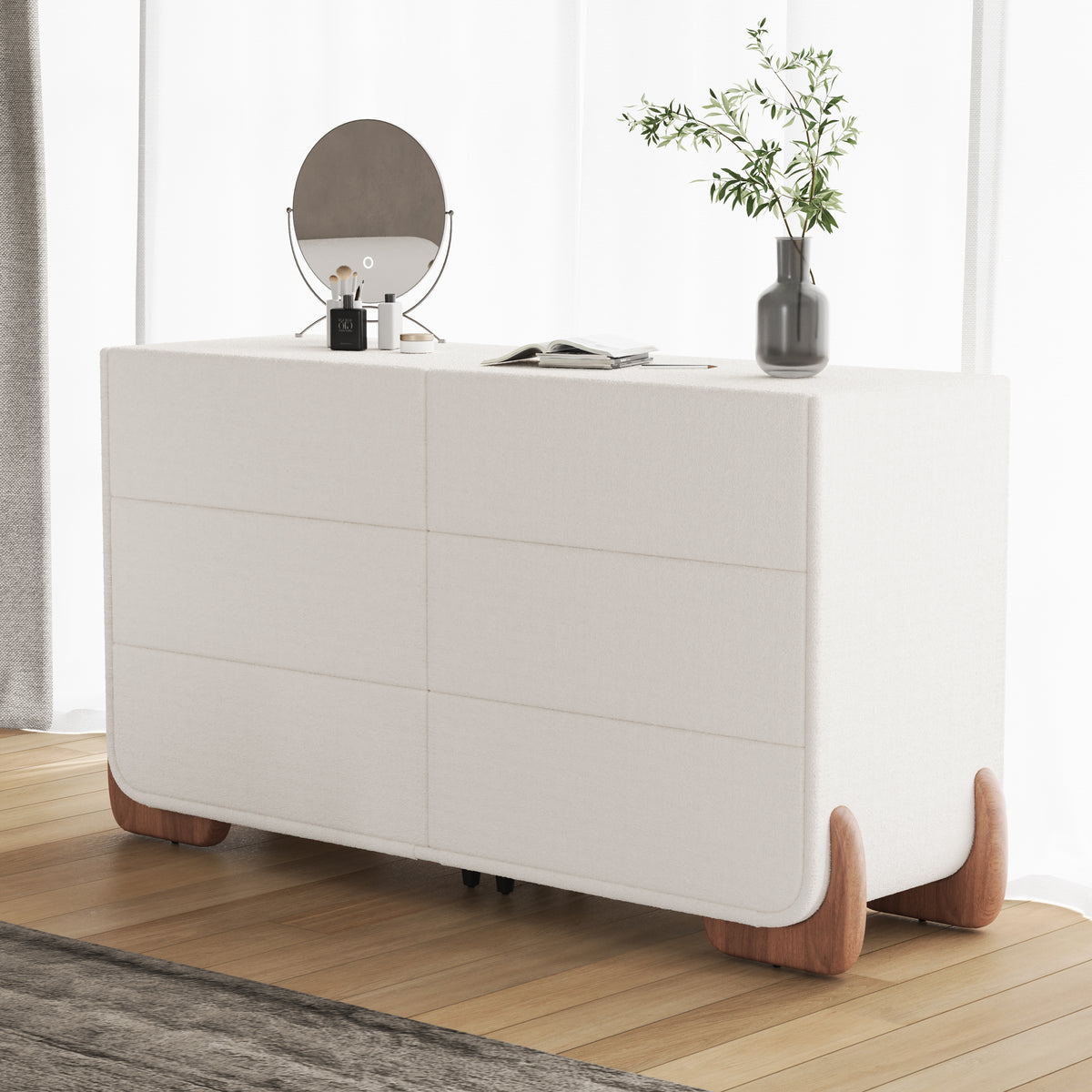 Curva 63" Boucle White 6 Drawer Smart Dresser Chest