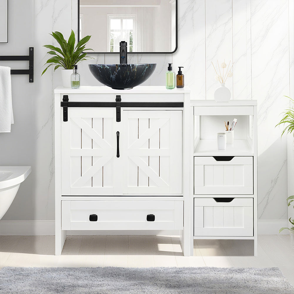 Sigsyl 36 Inch Vessel Sink Vanity | with Side Floor Cabinet, Faucet & Pop-up Drain - Round / Black Marble