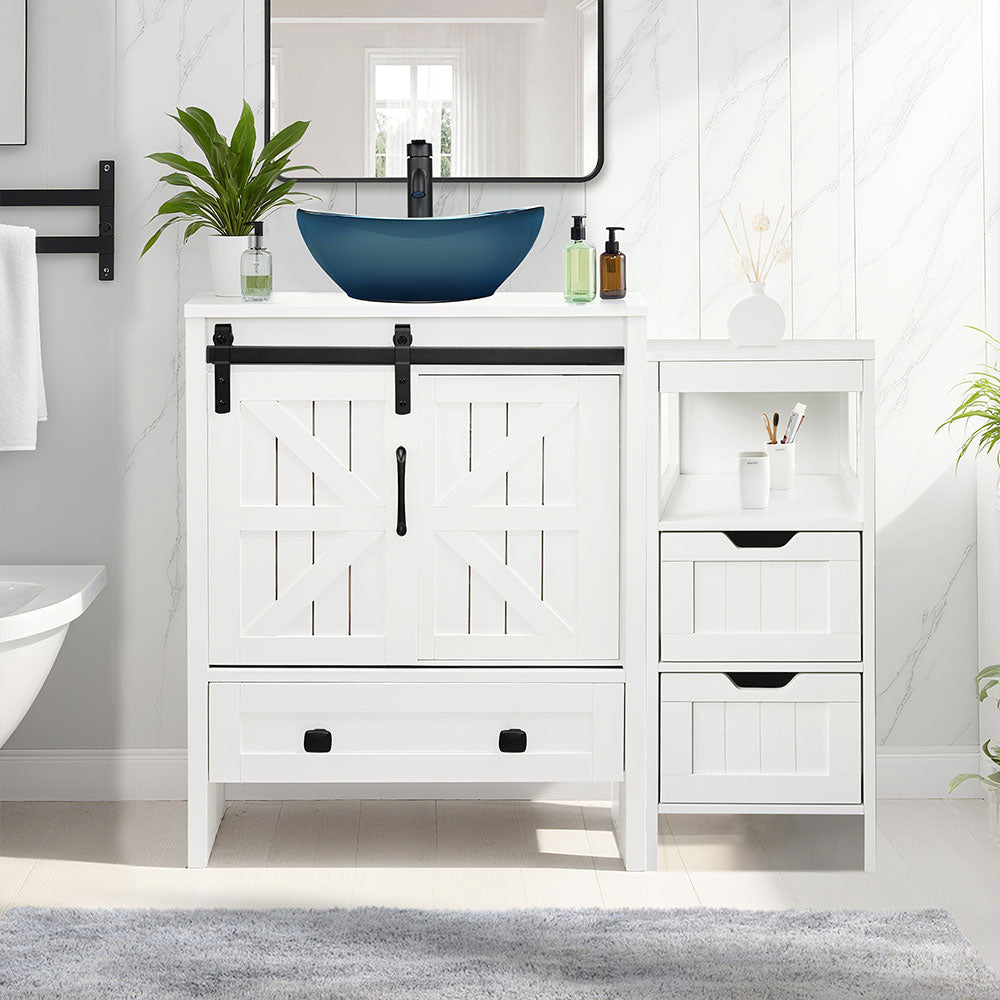 Sigsyl 36 Inch Vessel Sink Vanity | with Side Floor Cabinet, Faucet & Pop-up Drain - Oval / Blue
