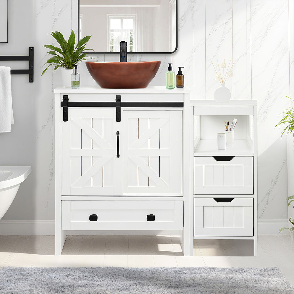 Sigsyl 36 Inch Vessel Sink Vanity | with Side Floor Cabinet, Faucet & Pop-up Drain - Oval / Brown