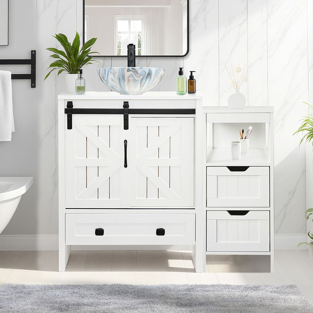 Sigsyl 36 Inch Vessel Sink Vanity | with Side Floor Cabinet, Faucet & Pop-up Drain - Round / Colored