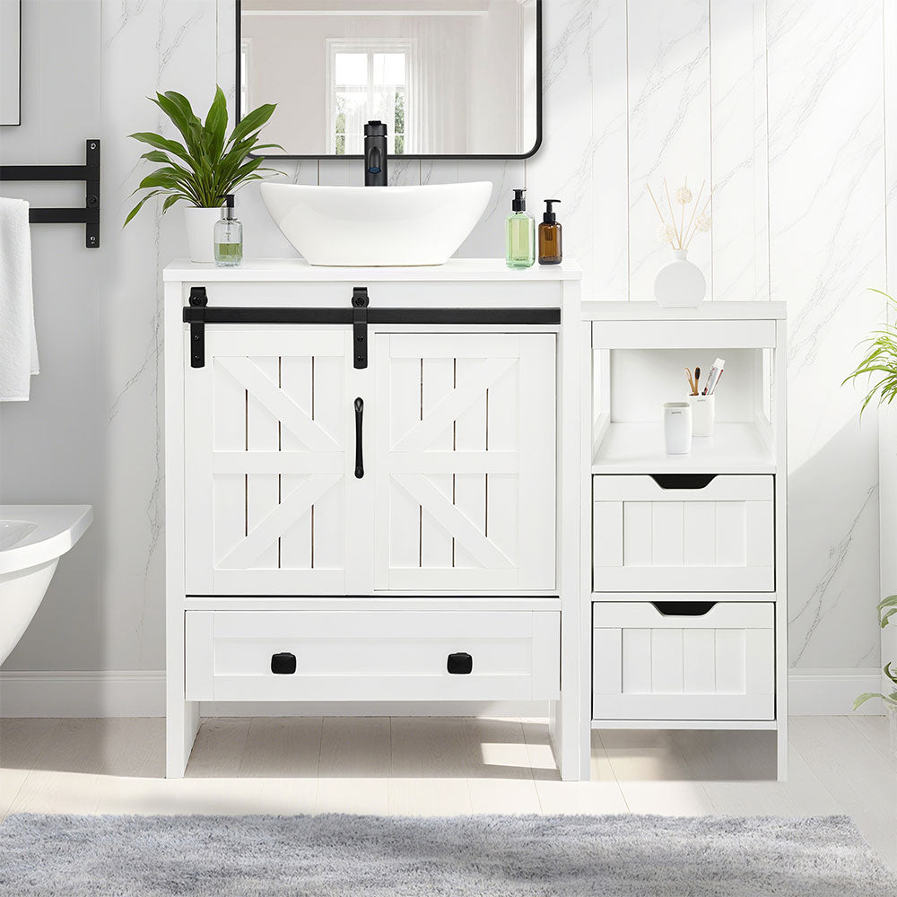Sigsyl 36 Inch Vessel Sink Vanity | with Side Floor Cabinet, Faucet & Pop-up Drain - Irregular / White