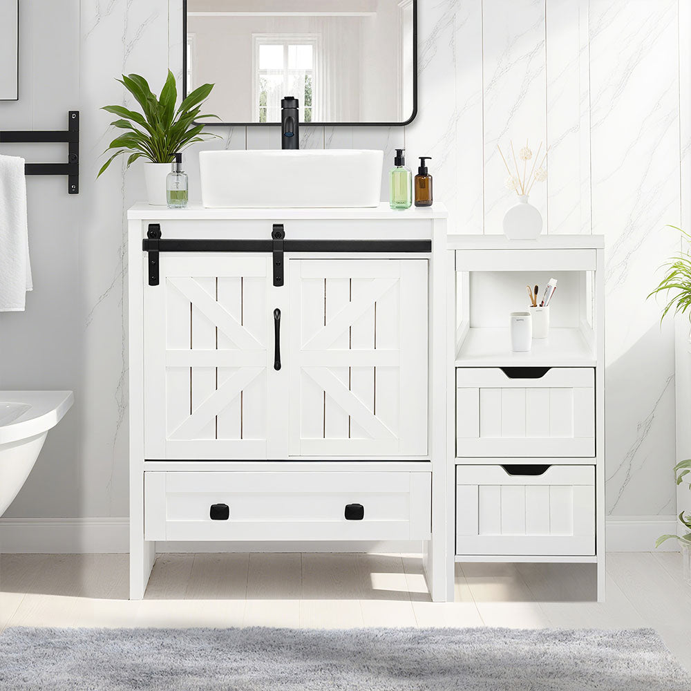 Sigsyl 36 Inch Vessel Sink Vanity | with Side Floor Cabinet, Faucet & Pop-up Drain - Rectangular / White