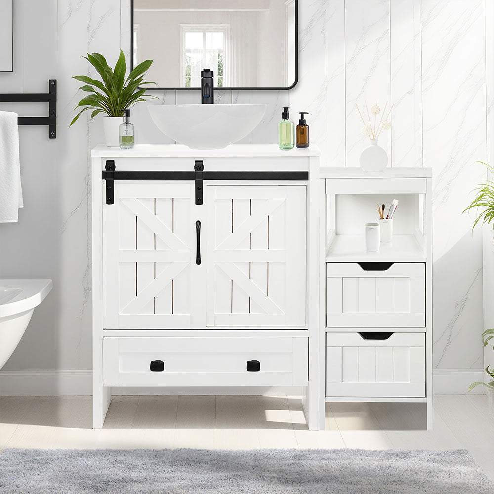 Sigsyl 36 Inch Vessel Sink Vanity | with Side Floor Cabinet, Faucet & Pop-up Drain - Round / White
