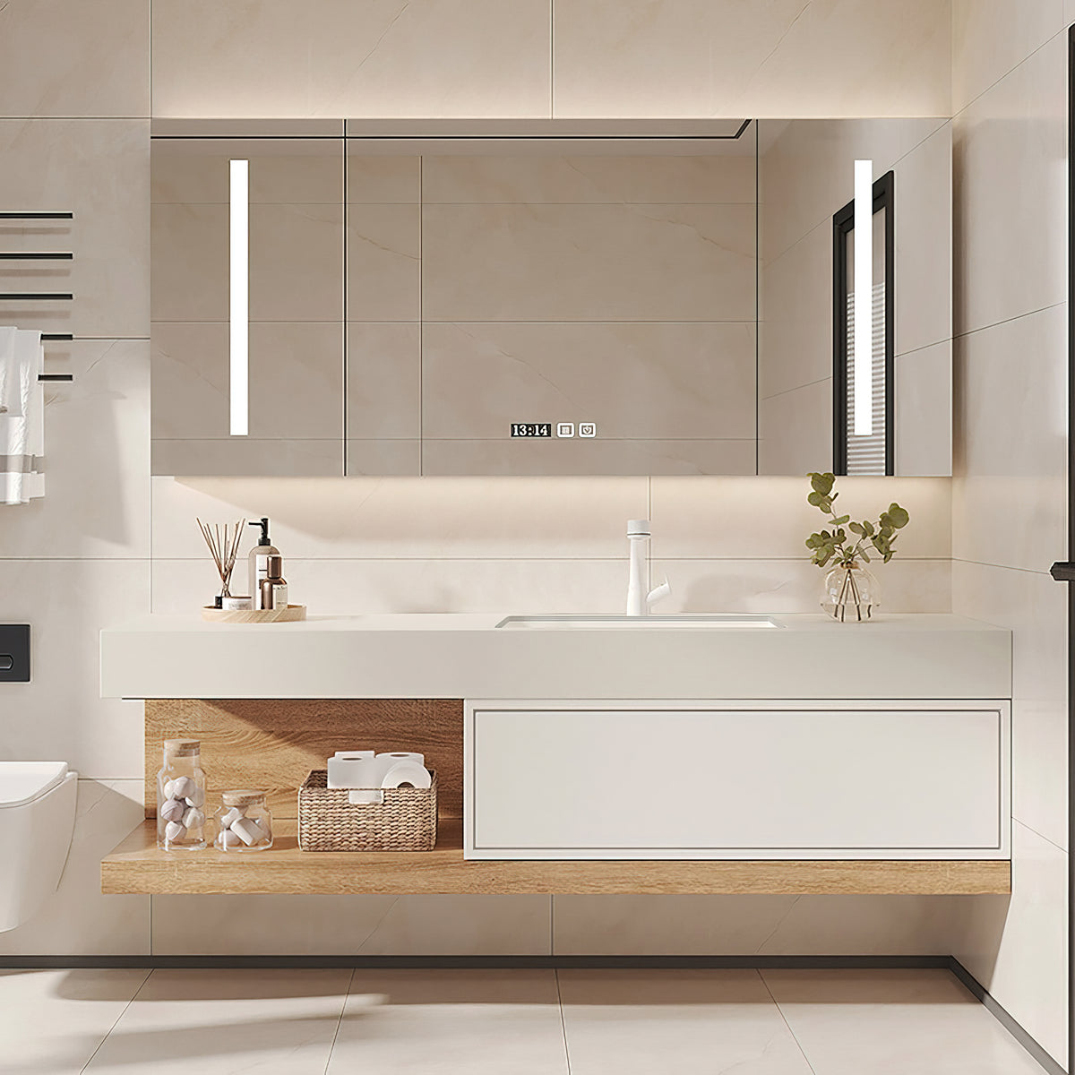 59" Floating Bathroom Vanity Set Wall-Mounted with Single Sink in White & Natural Modern