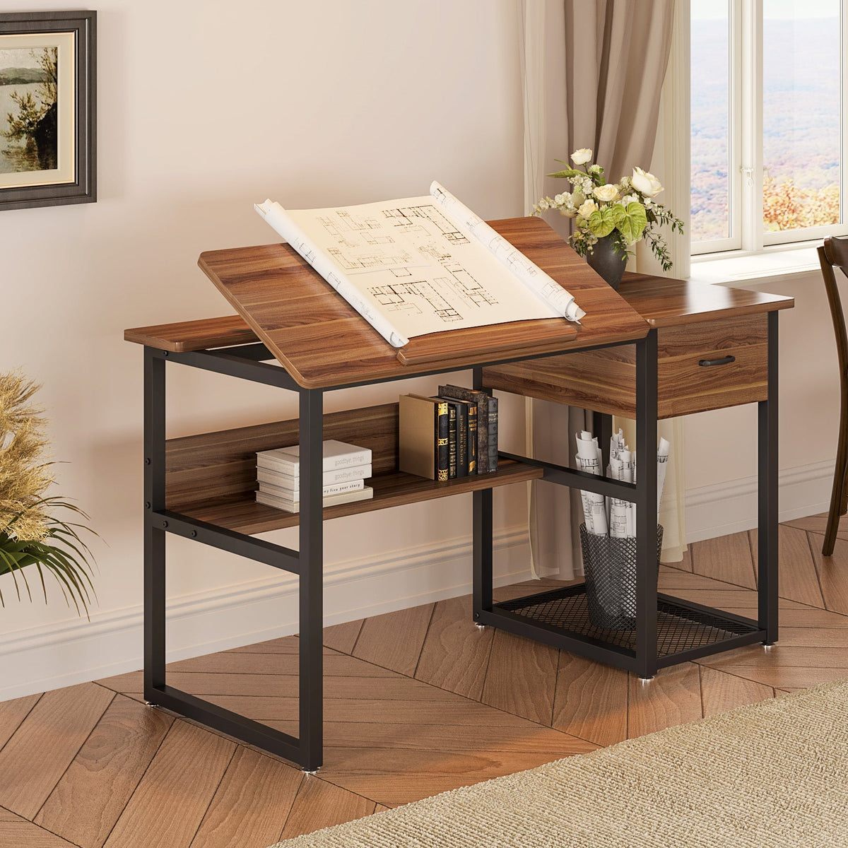 47.2" Drafting Table, Drawing Computer Desk with Storage Drawers