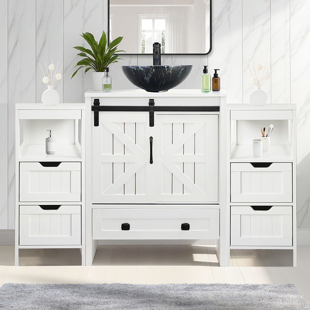 Sigsyl 48 Inch Vessel Sink Vanity | 2 Side Cabinets & Faucet Kit - Round / Black Marble