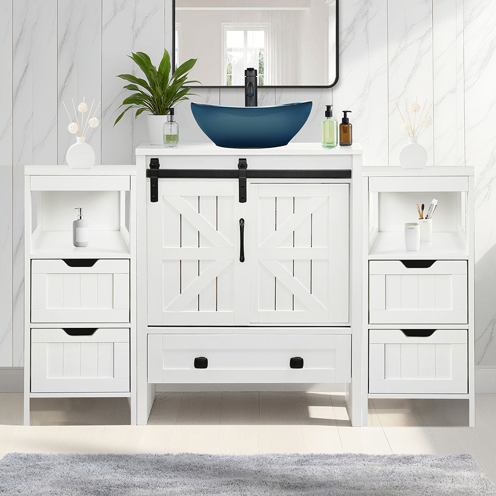 Sigsyl 48 Inch Vessel Sink Vanity | 2 Side Cabinets & Faucet Kit - Oval / Blue