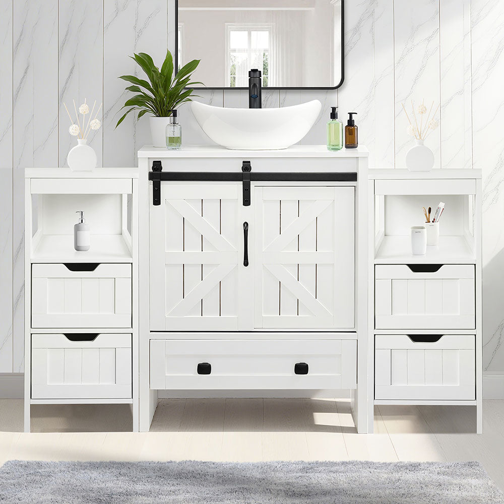 Sigsyl 48 Inch Vessel Sink Vanity | 2 Side Cabinets & Faucet Kit - Oval / White