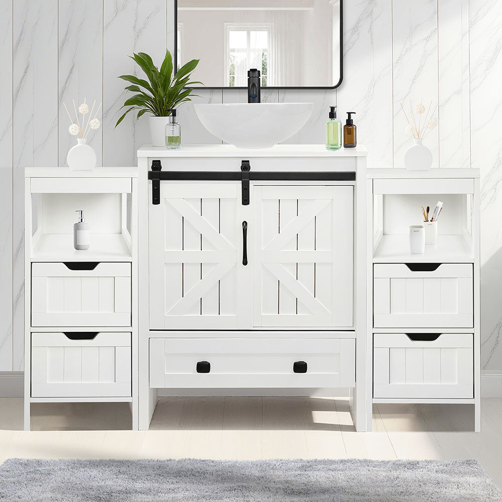 Sigsyl 48 Inch Vessel Sink Vanity | 2 Side Cabinets & Faucet Kit - Round / White