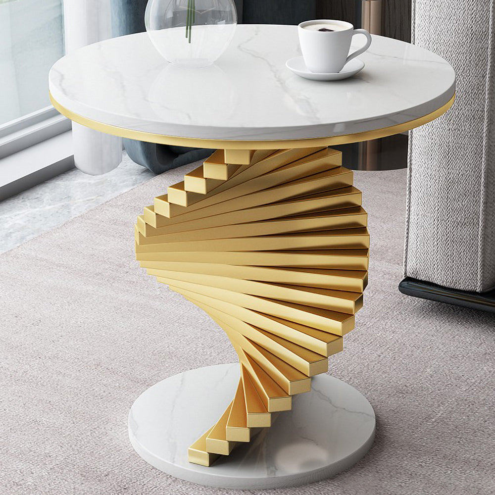 Round Faux Marble Tabletop Decorative Cocktail Table End Table with Metal Frame Modern White Side Table