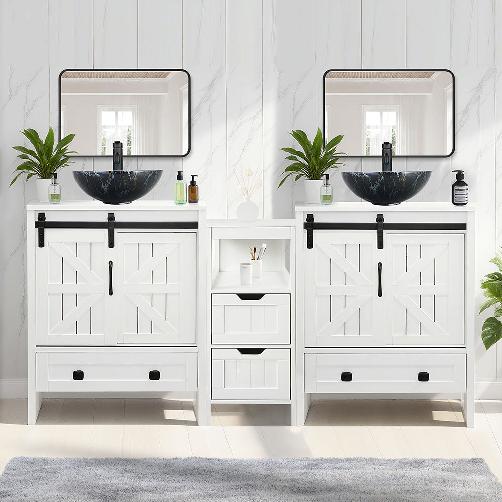 Sigsyl 60 Inch Double Vessel Sink Vanity | with Side Floor Storage Cabinet & Faucets - Round / Black Marble