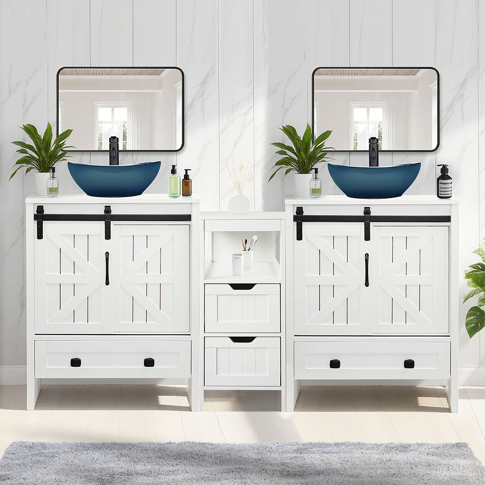 Sigsyl 60 Inch Double Vessel Sink Vanity | with Side Floor Storage Cabinet & Faucets - Oval / Blue