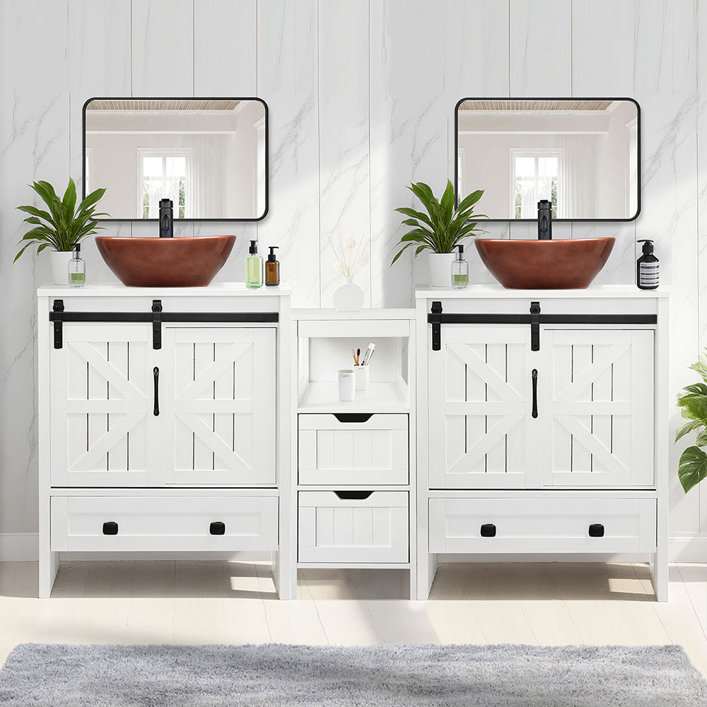 Sigsyl 60 Inch Double Vessel Sink Vanity | with Side Floor Storage Cabinet & Faucets - Oval / Brown