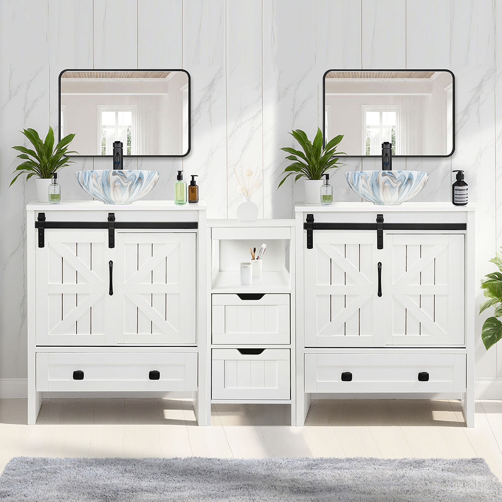 Sigsyl 60 Inch Double Vessel Sink Vanity | with Side Floor Storage Cabinet & Faucets - Round / Colored