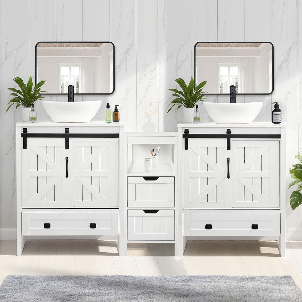 Sigsyl 60 Inch Double Vessel Sink Vanity | with Side Floor Storage Cabinet & Faucets - Irregular / White