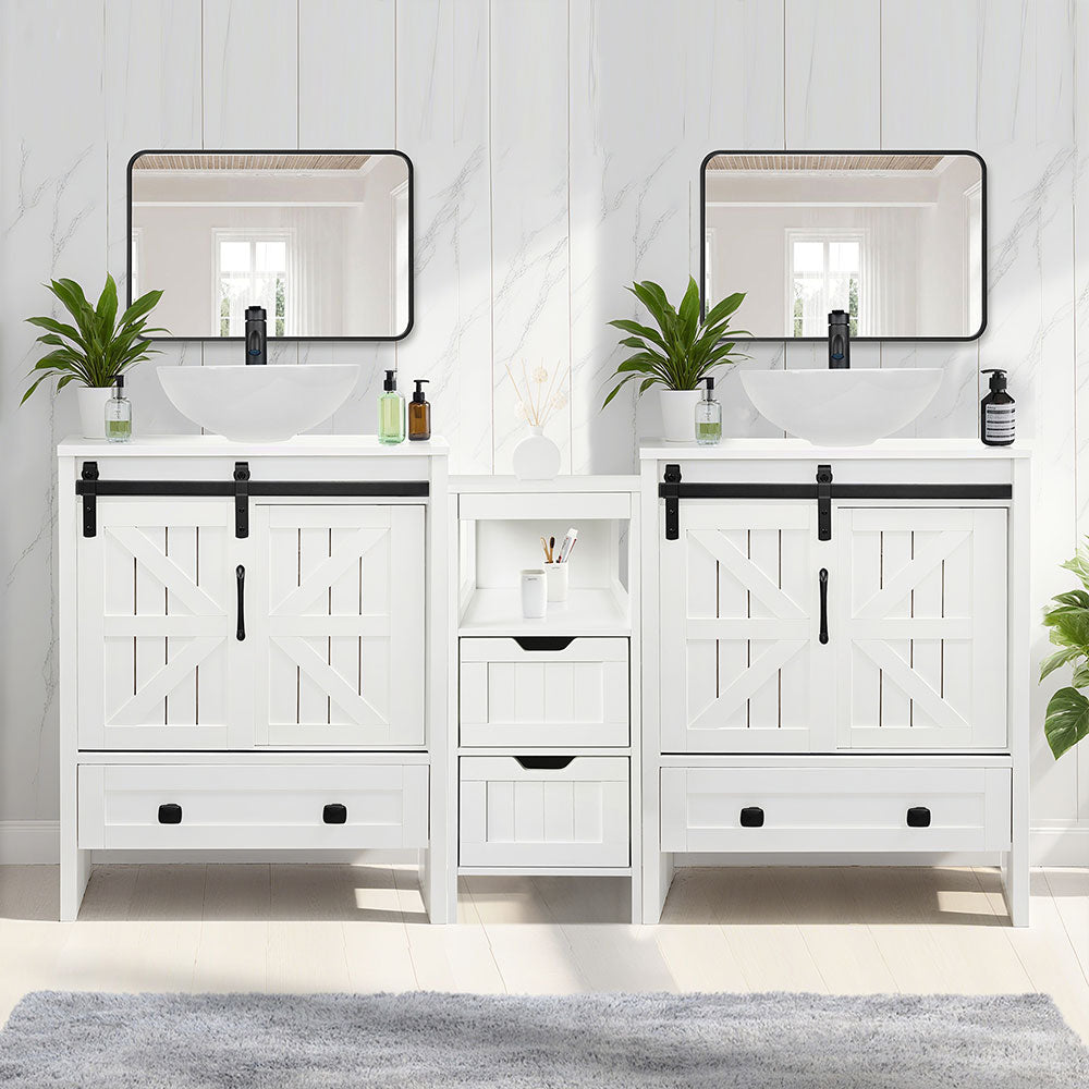 Sigsyl 60 Inch Double Vessel Sink Vanity | with Side Floor Storage Cabinet & Faucets - Round / White