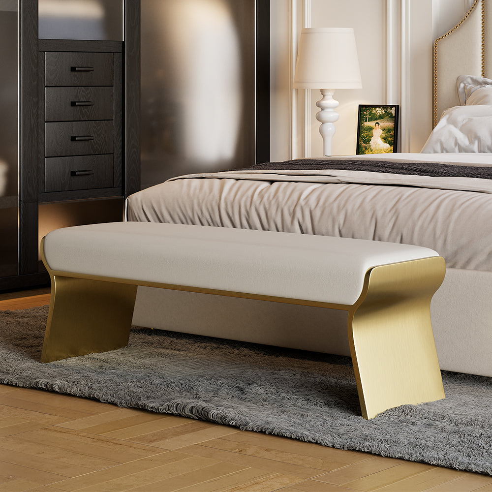 Beige Modern Stainless Steel Bench Leath-Aire Upholstered Bedroom 63" Long Bench