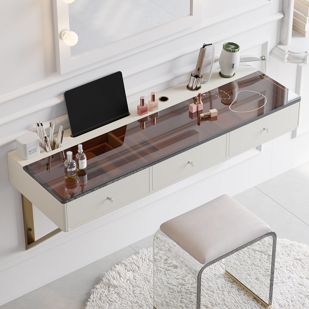 Modern Floating Makeup Vanity with Tempered Glass Top & Drawers Wall Mounted Beauty Station