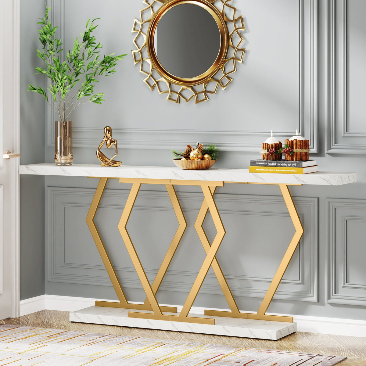 70.9" Console Table, Modern Sofa Table with Faux Marble Tabletop