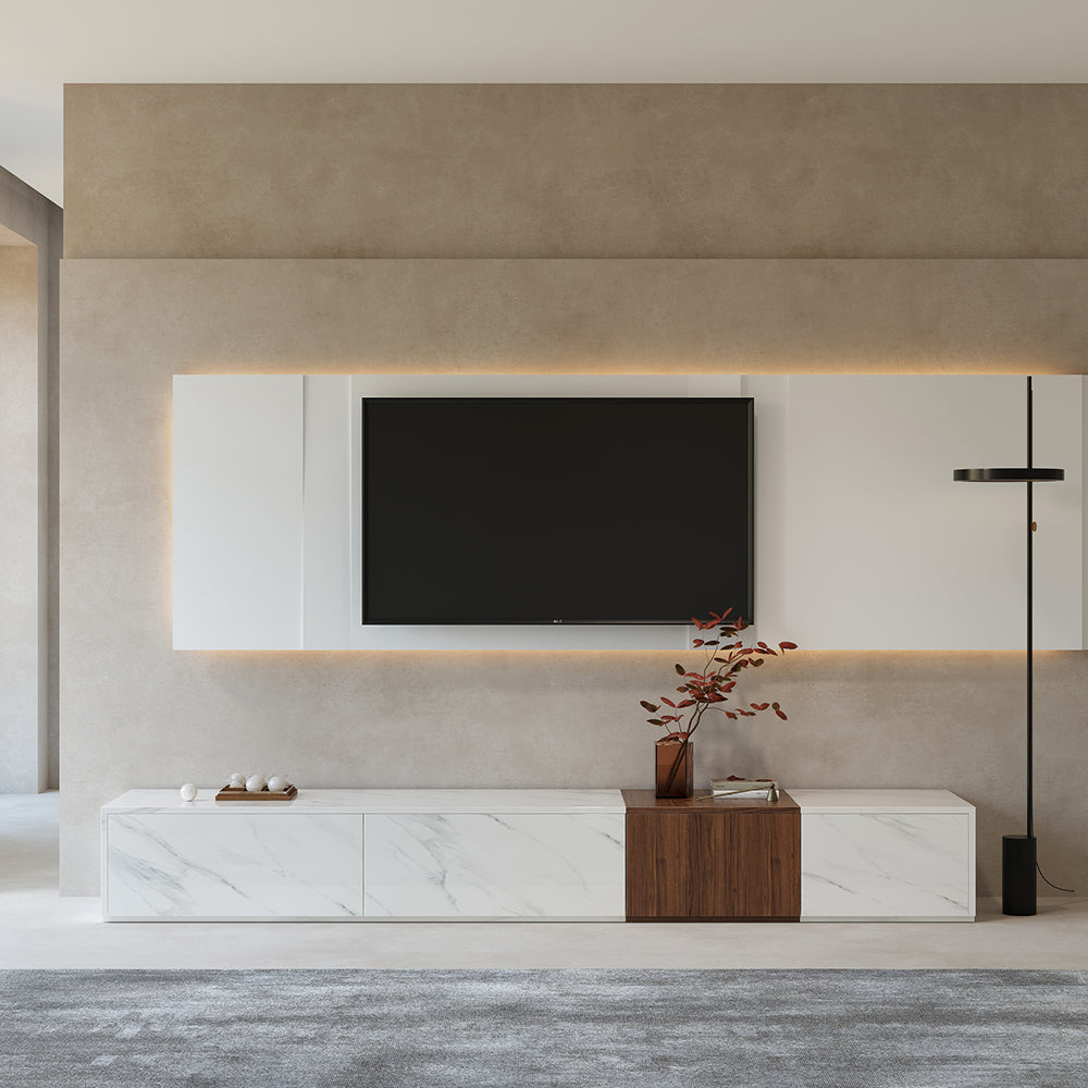 78.9" Vewal Modern Wood Block TV Stand Marble & Walnut Veneer in White with 4 Drawers