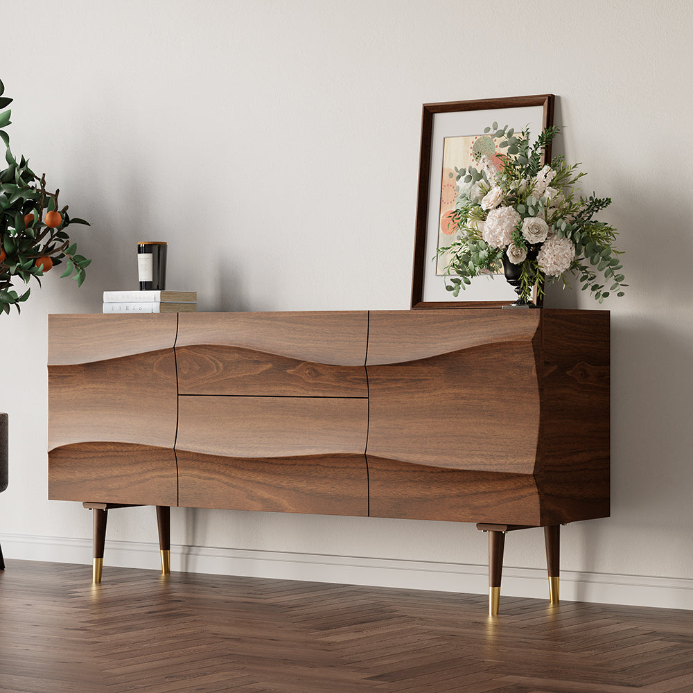 Lake 71" Walnut Sideboard Credenza with Storage Buffet Kitchen Cabinet Wavy Mid-Century