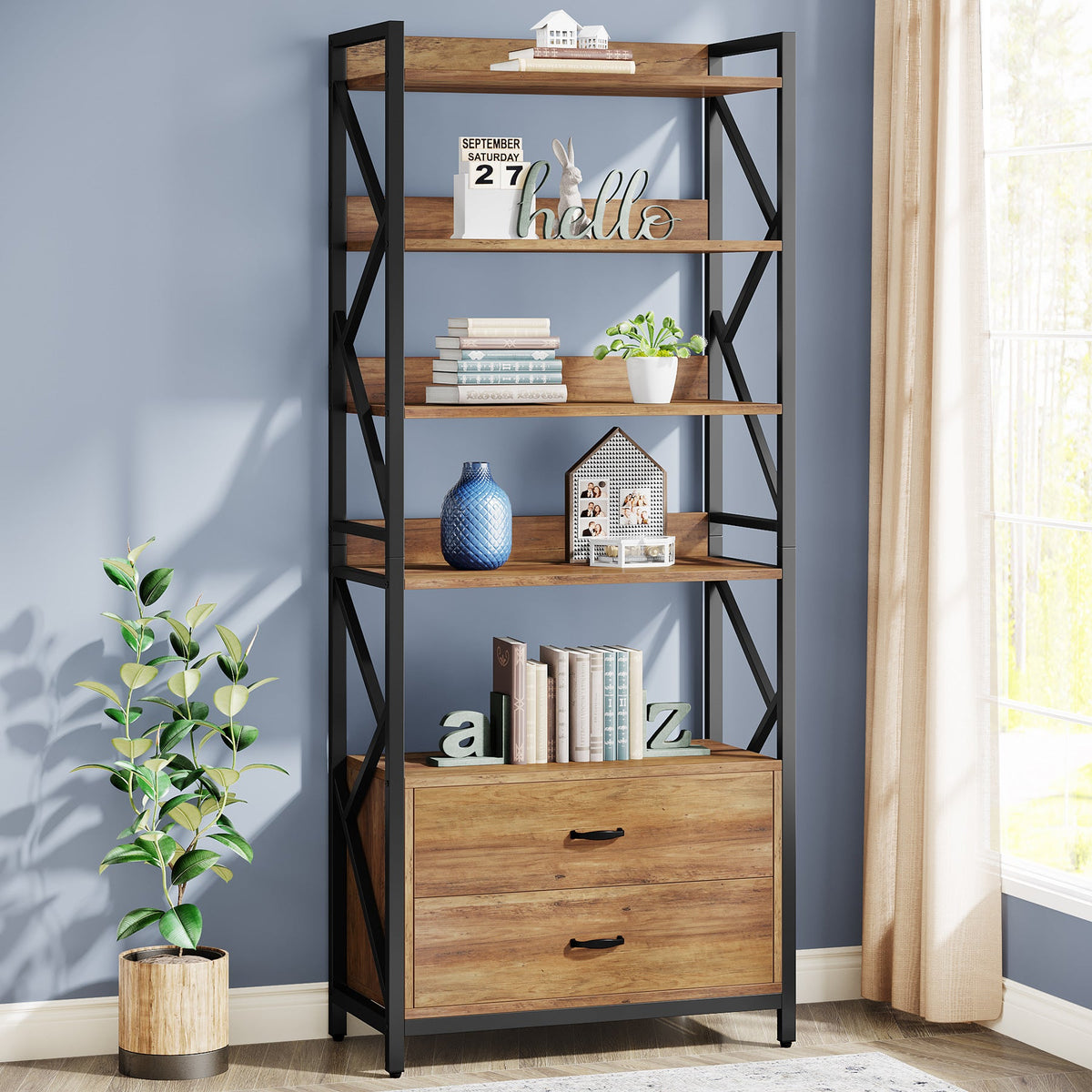 70.86" Bookshelf, Industrial 5-Tier Bookcase with 2 Drawers