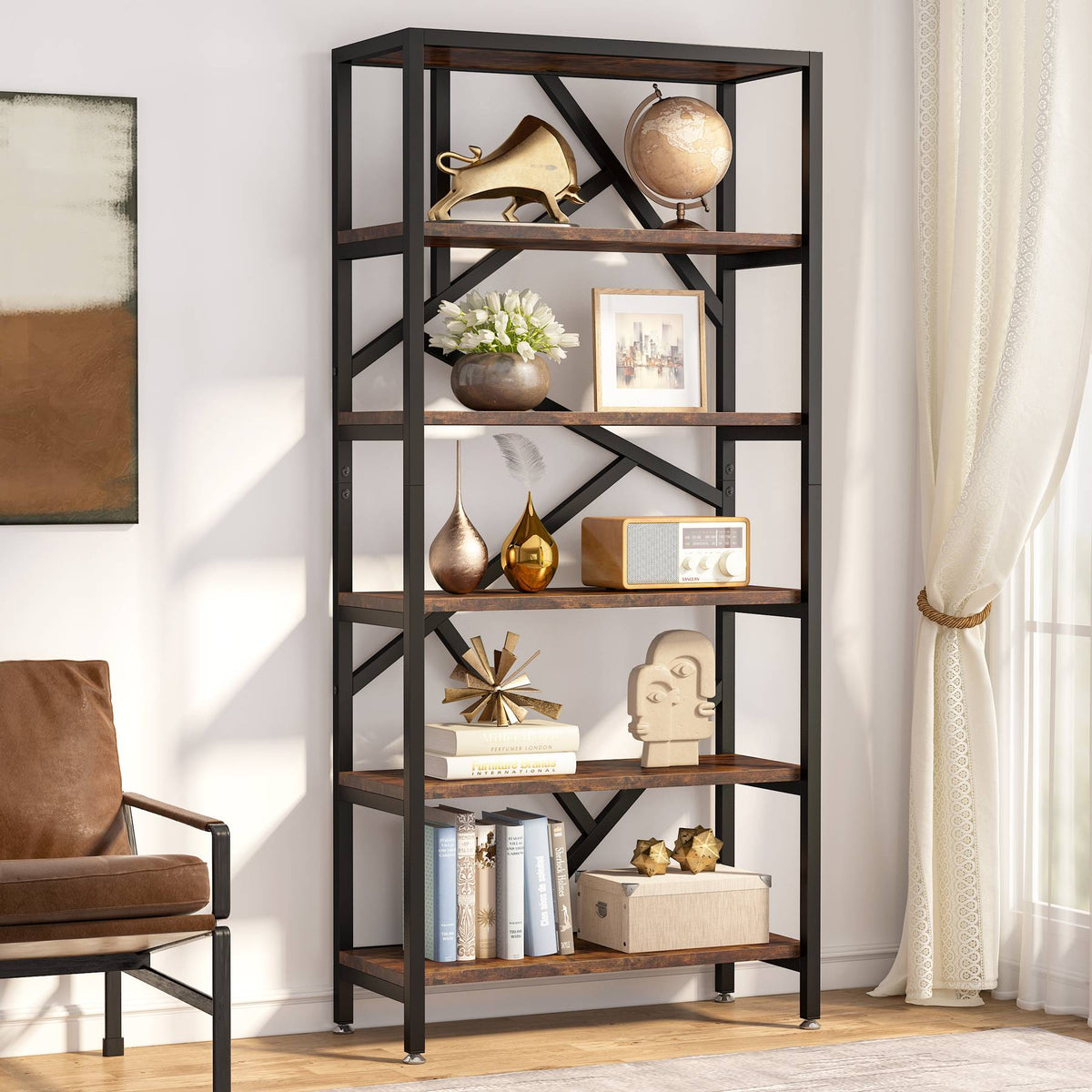 71" Bookshelf, Industrial Etagere Bookcase 6 Shelf Display Rack