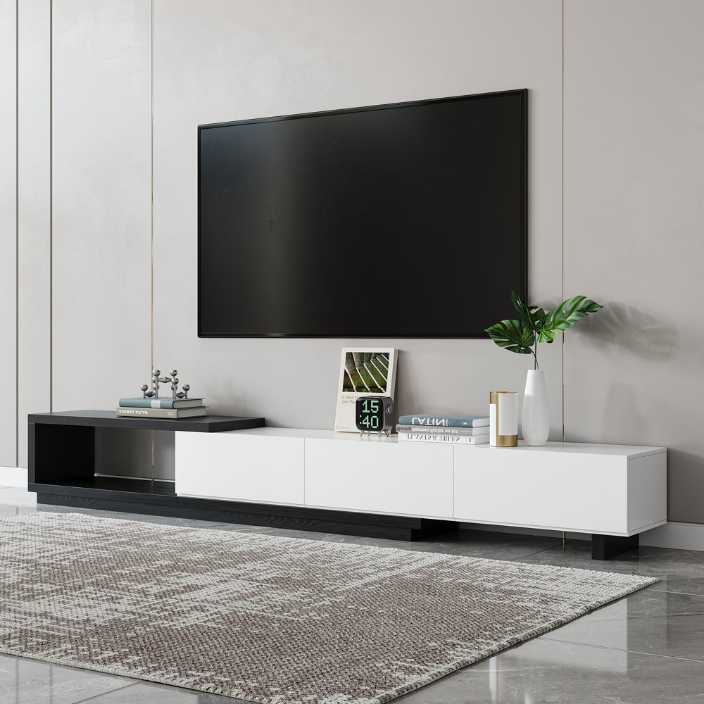 Quoint Modern TV Stand Retracted & Extendable 3-Drawer Media Console for TV Up to 80"
