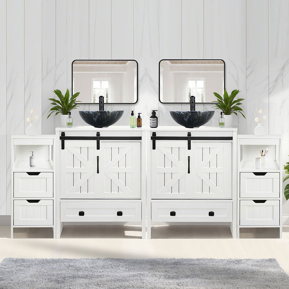 Sigsyl 72 Inch Double Vessel Sink Vanity | with 2 Side Floor Cabinets & Faucets - Round / Black Marble
