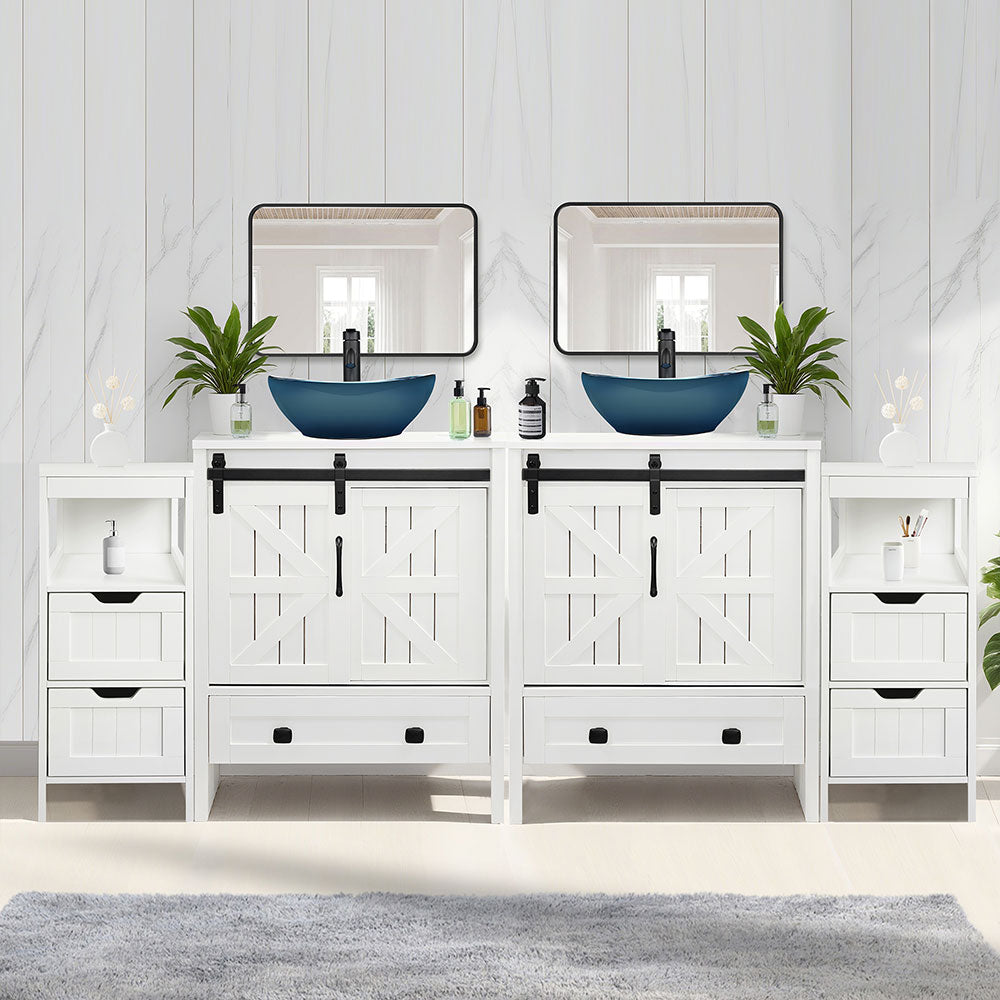 Sigsyl 72 Inch Double Vessel Sink Vanity | with 2 Side Floor Cabinets & Faucets - Oval / Blue