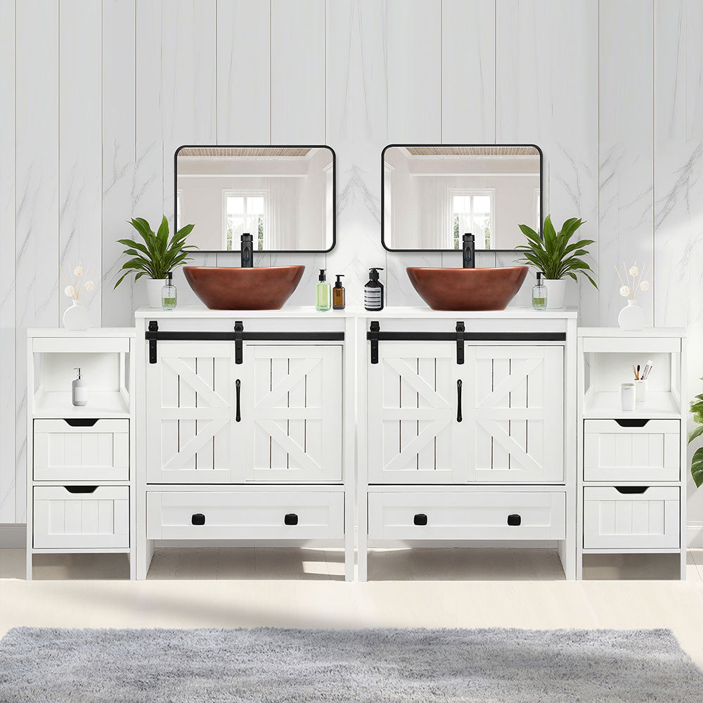 Sigsyl 72 Inch Double Vessel Sink Vanity | with 2 Side Floor Cabinets & Faucets - Oval / Brown