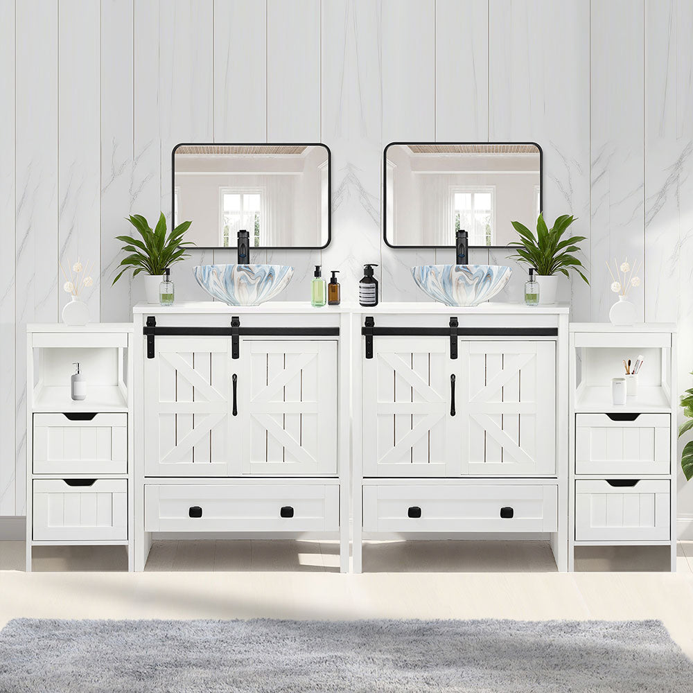 Sigsyl 72 Inch Double Vessel Sink Vanity | with 2 Side Floor Cabinets & Faucets - Round / Colored