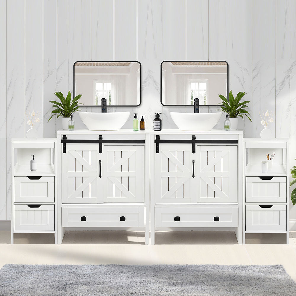 Sigsyl 72 Inch Double Vessel Sink Vanity | with 2 Side Floor Cabinets & Faucets - Irregular / White
