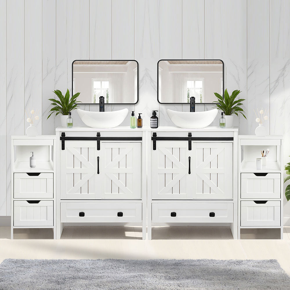 Sigsyl 72 Inch Double Vessel Sink Vanity | with 2 Side Floor Cabinets & Faucets - Oval / White