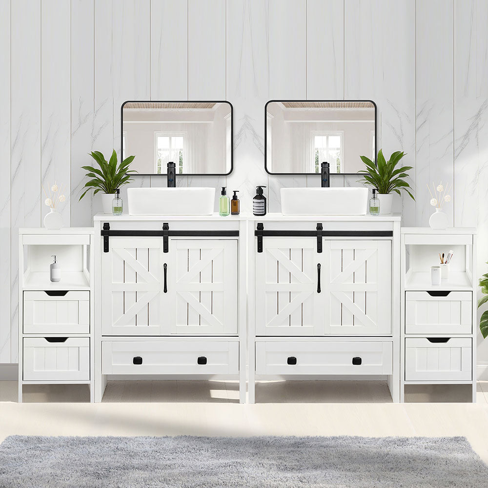 Sigsyl 72 Inch Double Vessel Sink Vanity | with 2 Side Floor Cabinets & Faucets - Rectangular / White