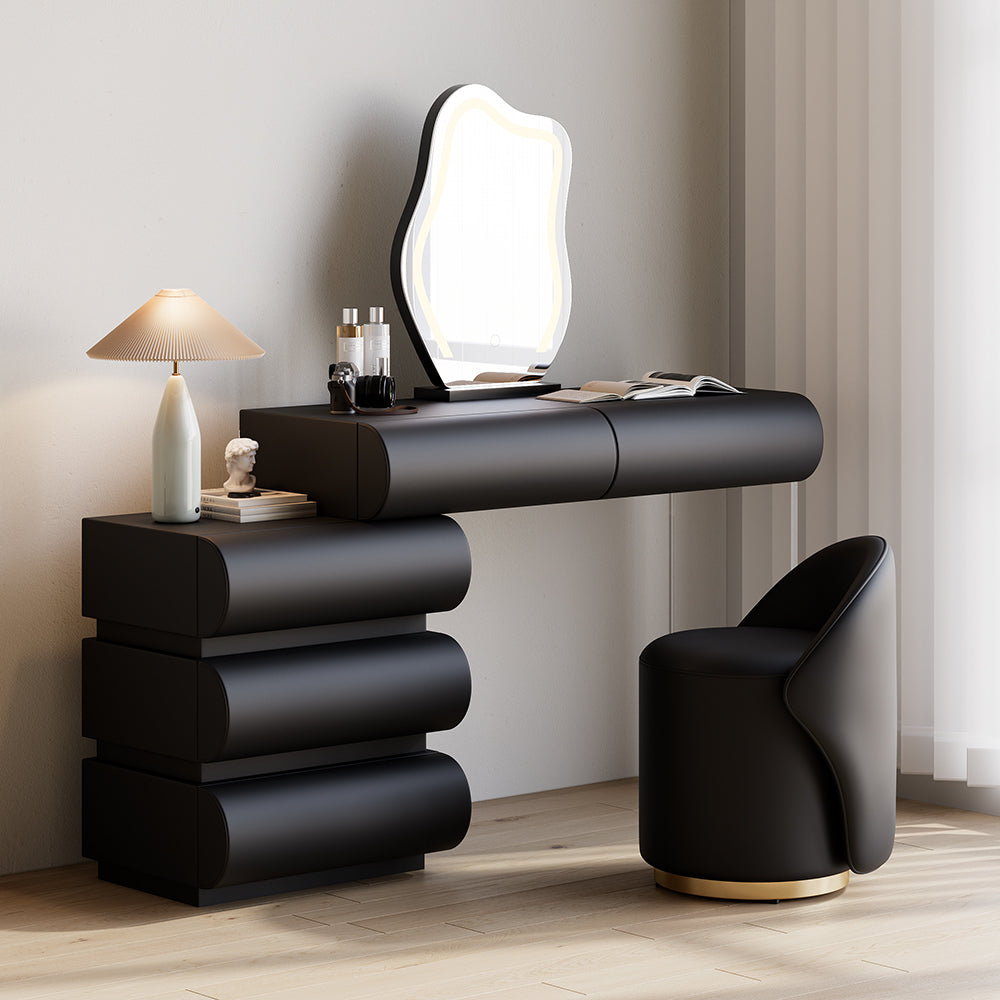 Humply Modern Black Makeup Vanity Set PU Leather Dressing Table with Stool & LED Mirror