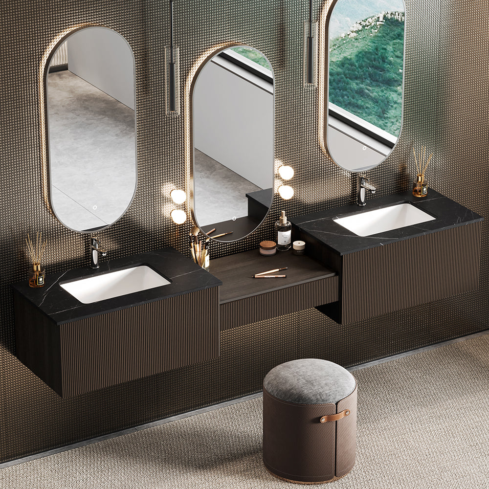 85" Modern Floating Bathroom Vanity Set with Double Sinks & Makeup Table Walnut