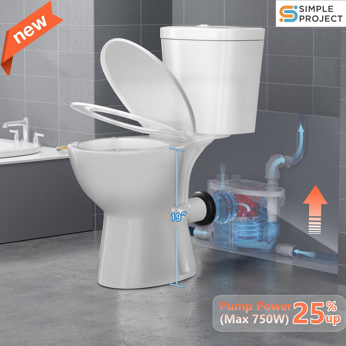 SNFLEX 19" Tall Macerating Toilet | 750W Upflush Toilet