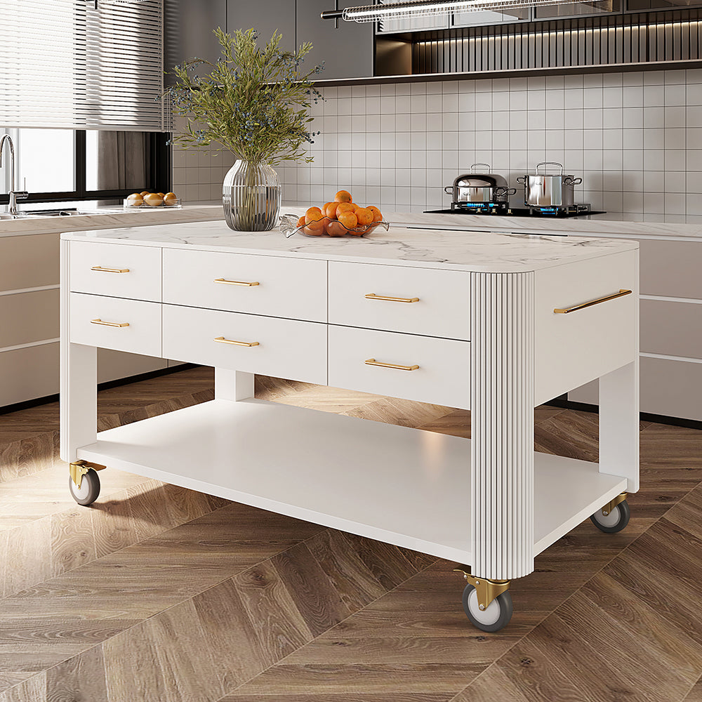 60" White Kitchen Island with Drawers & Wheels Modern Kitchen Cabinet