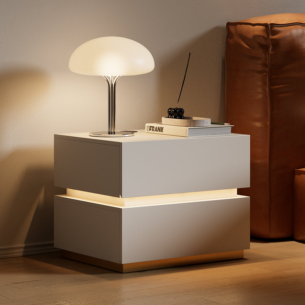 Smart Nightstand Wireless Charging Station Bedside Table with with 3 Drawers & LED Light White Night Stand