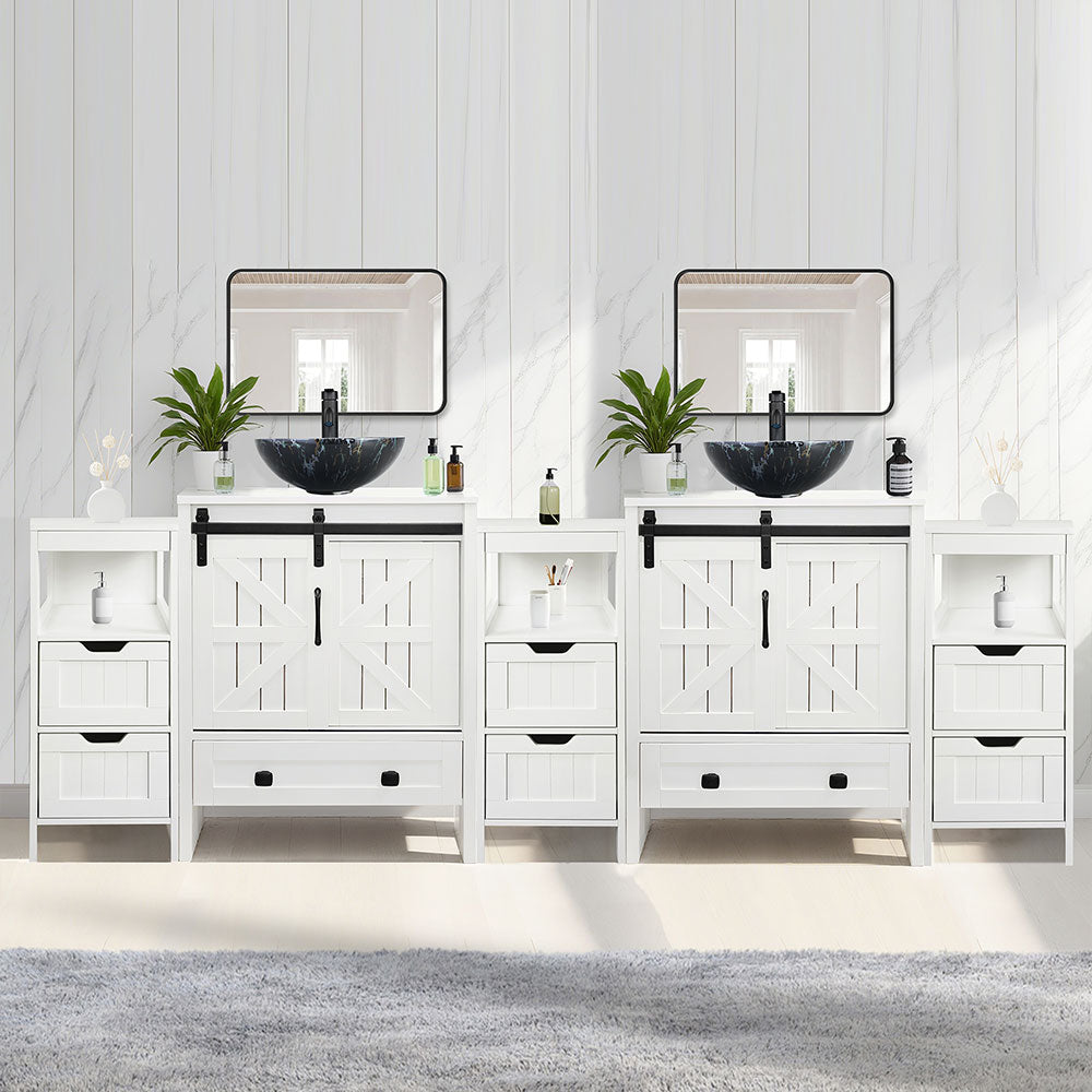 Sigsyl 84 inch Double Vessel Sink Vanity | with 3 Side Storage Cabinets & Faucet Kits - Round / Black Marble