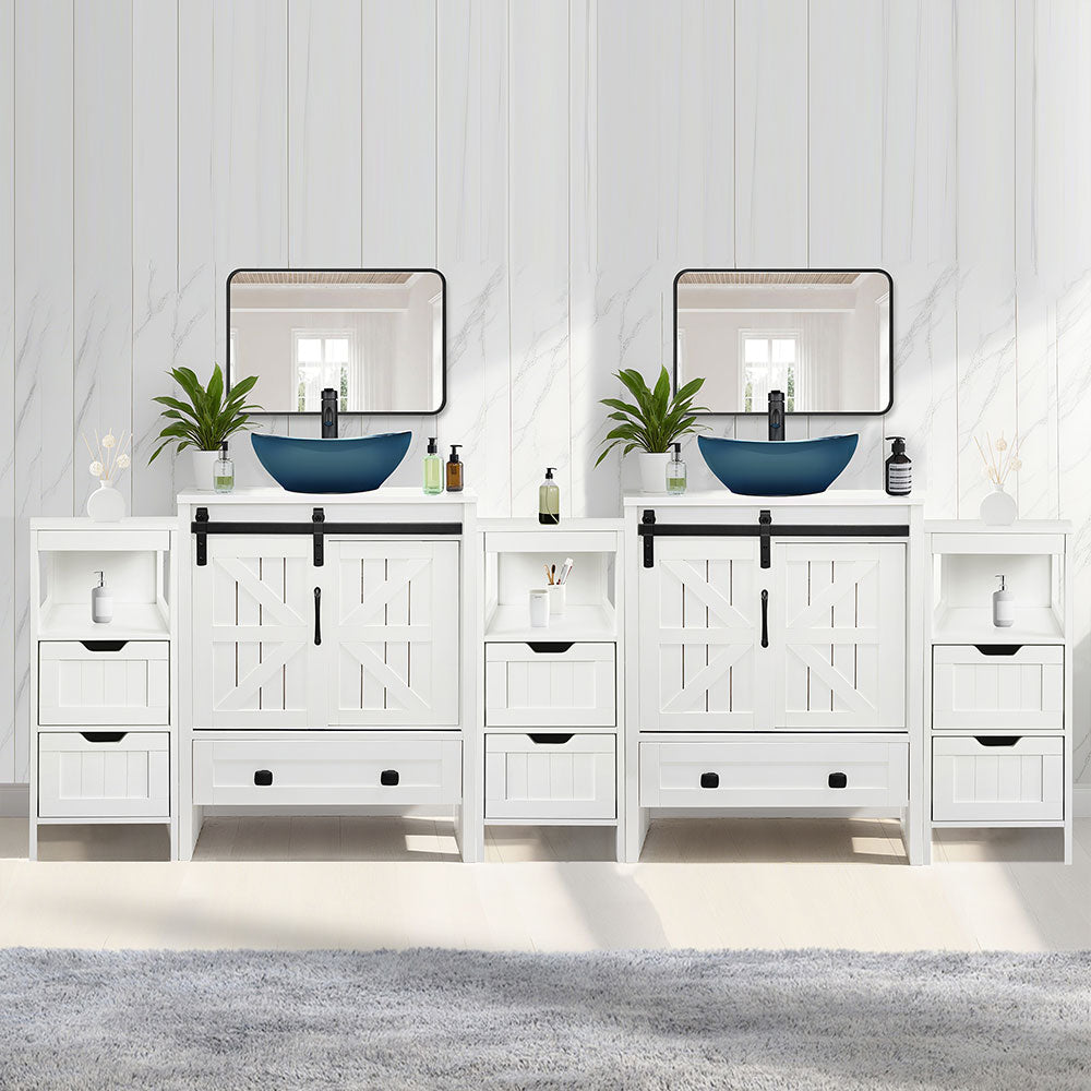 Sigsyl 84 inch Double Vessel Sink Vanity | with 3 Side Storage Cabinets & Faucet Kits - Oval / Blue