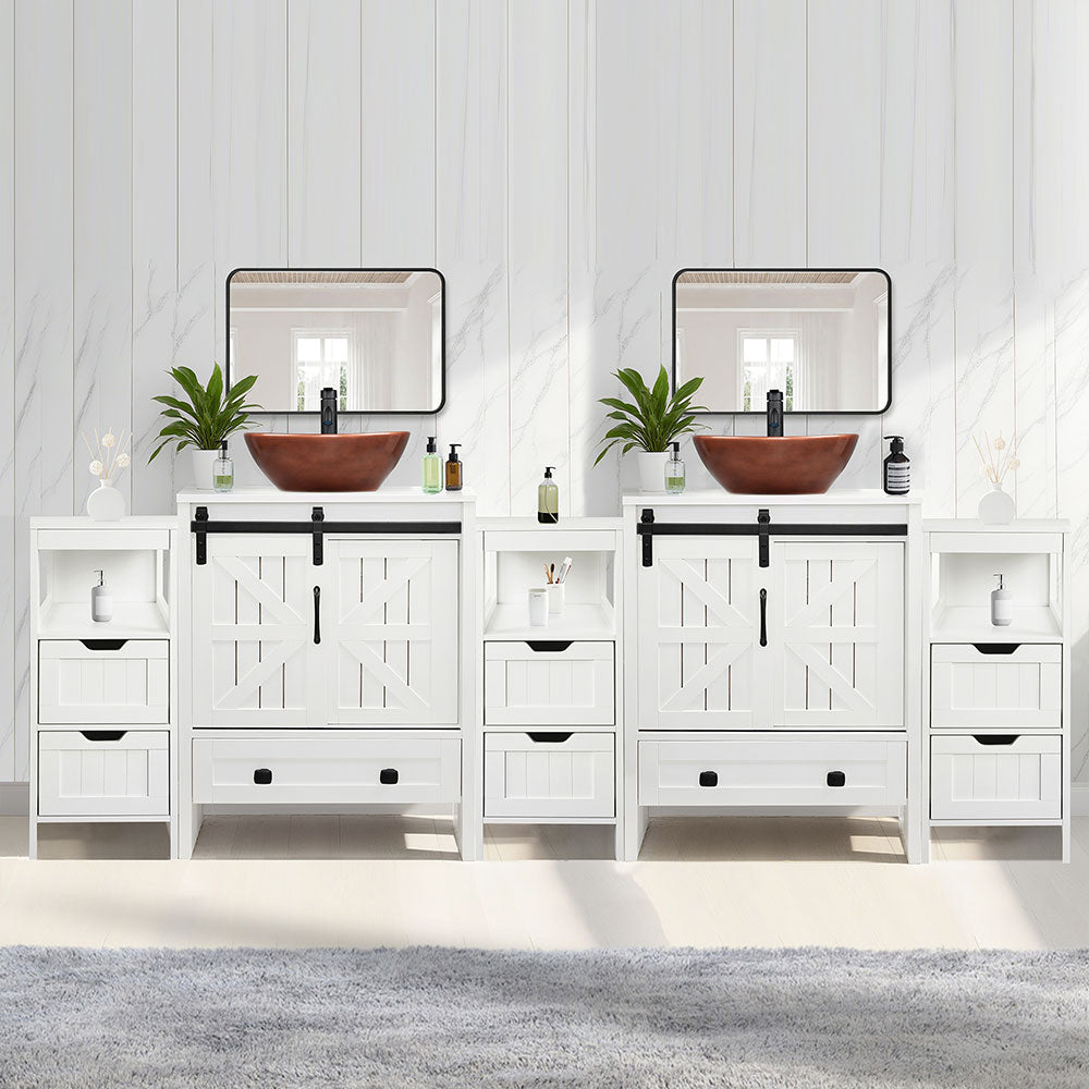 Sigsyl 84 inch Double Vessel Sink Vanity | with 3 Side Storage Cabinets & Faucet Kits - Oval / Brown